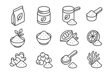 Set of organic superfood powder icons including citrus and ginger.