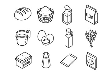 Bread baking ingredients: flour, eggs, butter, and more in icon set.
