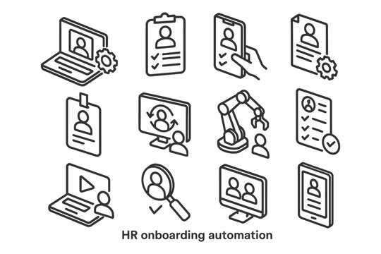 Hr onboarding automation icons: technology interfaces and workflow integration.