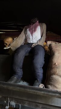 Headless charro prop in a cart, eerie and mysterious theme