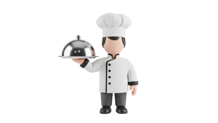 3D Cartoon Chef Holding Silver Cloche Dish on transparent background