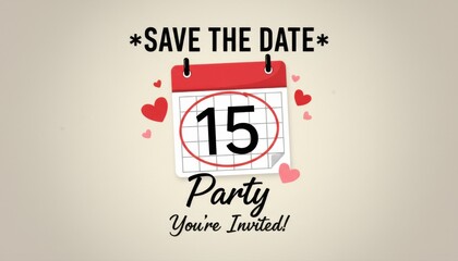 save the date bold party banner template illustration template featuring calendar page with circled date and small hearts on light neutral background with subtle vignette