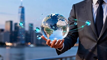 Businessman holding globe with digital elements - Powered by Adobe