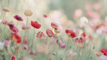 Obraz premium sedative. Field of poppy flowers swaying in gentle breeze, botanical tranquility scene. gardening catalogs, home-decor guides, designed for home decor and floral branding.