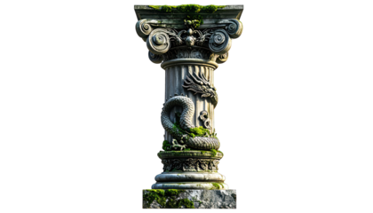 Weathered ornate column with dragon sculpture, covered in moss, isolated on black