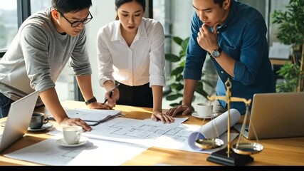 Three business colleagues collaborating on a project in the office, reviewing blueprints and discussing strategy.