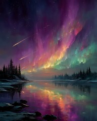 Vibrant aurora borealis over a frozen lake high resolution picture