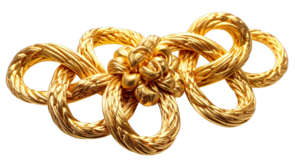 Ornate gold-toned knot with floral center on black background, intricate texture