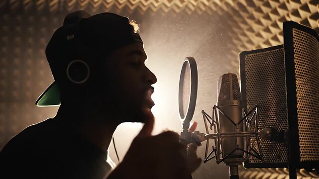 Cinematic Backlit Shot of Rapper Performing into Microphone with Hand Gestures
