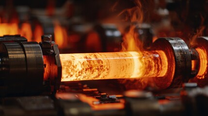 Medium shot of hot copper rod rolling glowing metal shaped by intense heat showcasing the dynamic force of industrial machinery in metal forming process.