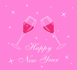 New Year's illustration with wine glasses on a pink background.