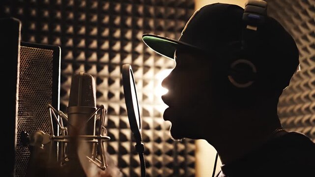 Cinematic Backlit Shot of Rapper Performing into Microphone with Hand Gestures
