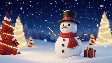 Cheerful Snowman Hero in Winter Holiday Scene.