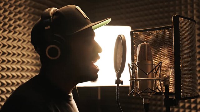 Silhouette of Male Hip Hop Artist Recording Vocals in Professional Studio Booth
