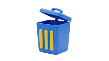 3D Blue open trash can with yellow accents on transparent background