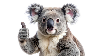 A koala gives a thumbs up, with fluffy fur, and a curious expression