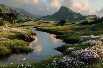 Winding river through wildflower-filled meadow high resolution photo