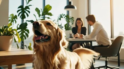 Happy golden retriever in a modern, bright office. Two professionals collaborate in the background, showcasing a positive and pet-friendly work environment