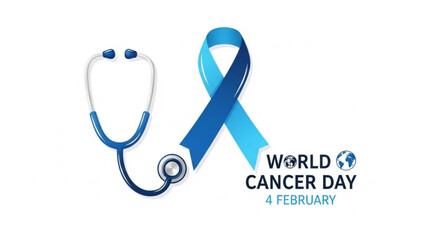 World cancer day awareness symbol with stethoscope and blue ribbon on white background for health campaign