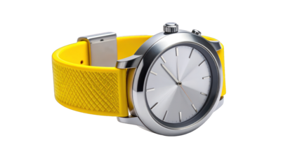Silver-cased wristwatch with bright yellow band, isolated on black background