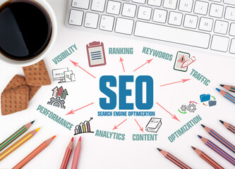 SEO Search Engine Optimization Concept. Chart with keywords and icons