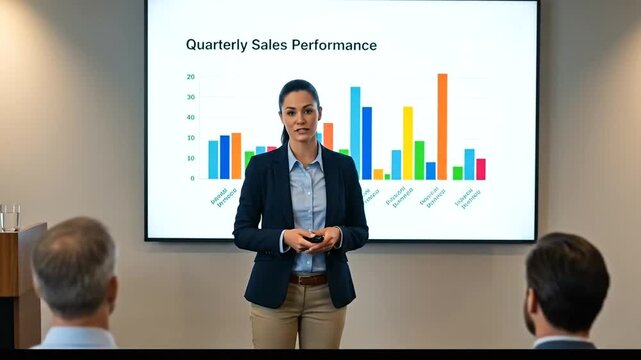 Businesswoman giving a presentation on quarterly sales performance to colleagues in a modern office setting.
