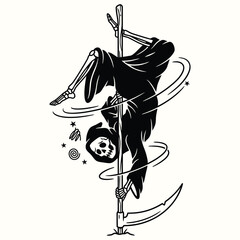 Grim Reaper Pole Dance Edgy Monochrome Vector Illustration