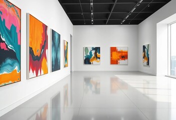 Sleek minimalist gallery interior with abstract art, art, graphic