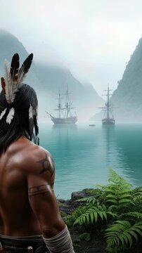 Indigenous warrior observes sailing ships approaching island shore, a pivotal historical moment.