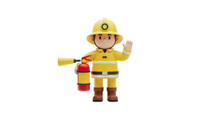 3D Cartoon Firefighter with Fire Extinguisher Waving on transparent background