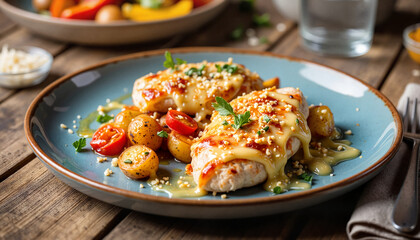 Chicken breasts are generously covered by a blanket of melty cheese mixed with panko breadcrumbs, creamy mayo, and hot chile paste. Garnished with roasted potatoes and tomatoes sprinkled with parmesan