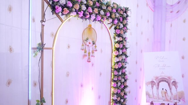 Beautiful wedding decoration video featuring an elegant floral mandap, traditional Indian wedding setup, vibrant flowers, premium drapes, and warm decorative lighting. Perfect for concepts related to 