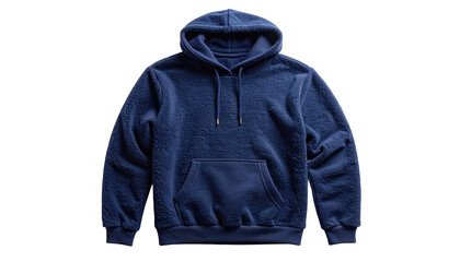 A plush, navy blue hooded sweatshirt with a kangaroo pocket, isolated on black