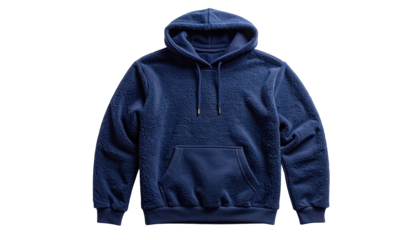 A plush, navy blue hooded sweatshirt with a kangaroo pocket, isolated on black