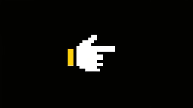 A retro-style, white pixelated hand cursor with a yellow cuff points directly to the right against a solid black background.
