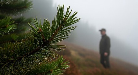 Close-up of a pine branch with water droplets in a misty forest, with a blurred figure of a person in the background.