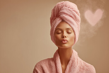 Woman with closed eyes wearing pink towel wrap relaxing after spa treatment