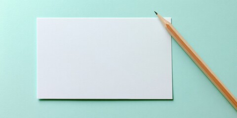 Ultra realistic top down view of blank white paper and pencil on soft blue background