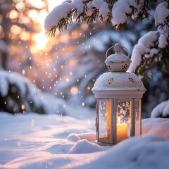 Winter lantern with candle in snowy forest at sunset