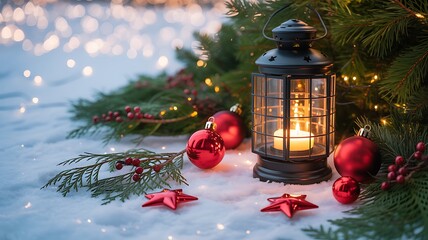Warm christmas lantern with decorations in the snow