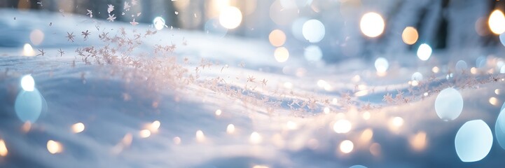 Soft focus winter wonderland with gentle snow falling and bokeh lights