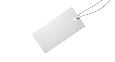 Blank white rectangular price tag or label with string attached, isolated on transparent background