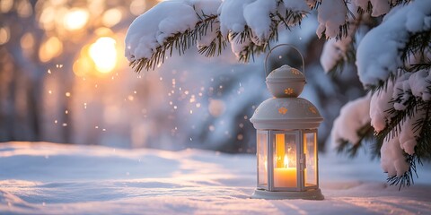 Warm lantern glows in a snowy winter forest at sunset