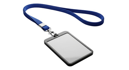 Blank id card holder with blue lanyard and metal clip, isolated on transparent background