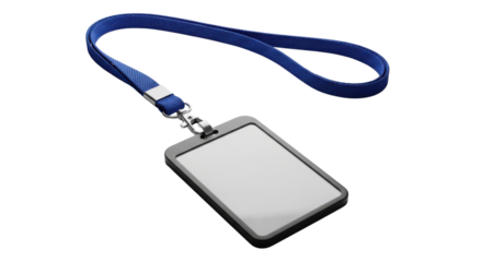 Blank id card holder with blue lanyard and metal clip, isolated on transparent background