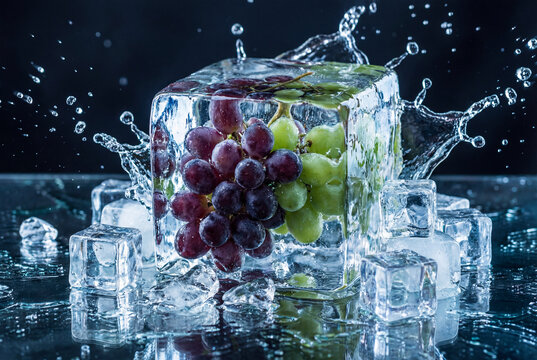 Bunch of red and green grapes encased in large transparent ice block surrounded by splashing water and smaller cubes