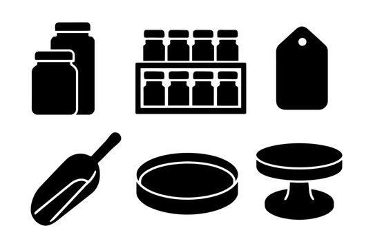 Silhouette icons of storage jars, spice rack, tag, scoop, tray, and cake stand.
