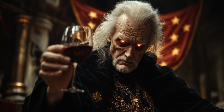 Scary vampire king drinking blood in his castle