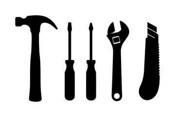 Silhouette of hammer, screwdrivers, wrench, and utility knife tools on white background.