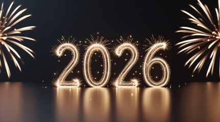2026 number made of sparkling fireworks with explosion background for new year eve